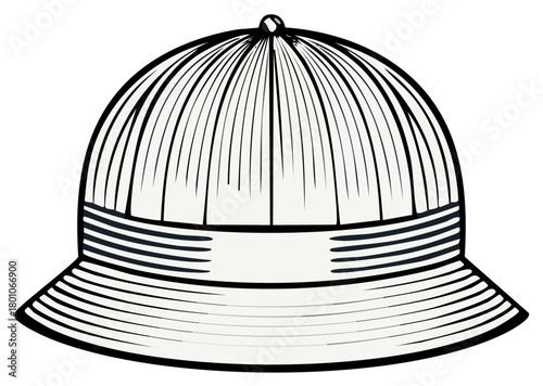 Detailed line art illustration of a vintage pith helmet, side view