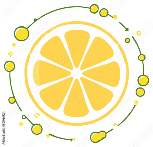 Vibrant yellow lemon slice illustration with orbiting green circles and dots