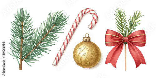 Christmas vector watercolor christmas elements featuring pine branch candy cane ornament and red bow decoration holiday theme