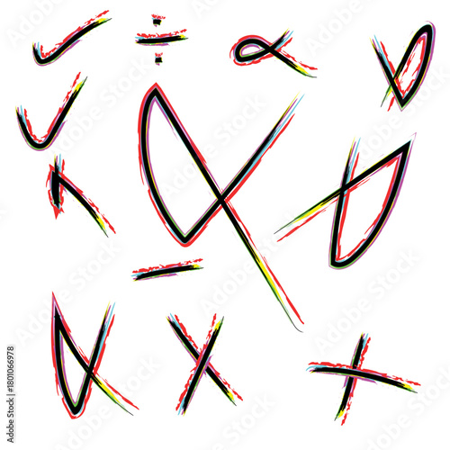 Colorful hand drawn mathematical symbols and check marks on a black background