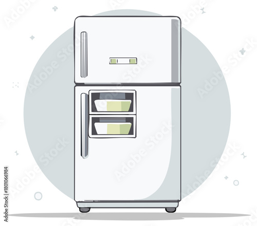 Vector illustration of a modern white refrigerator with top freezer and water dispenser