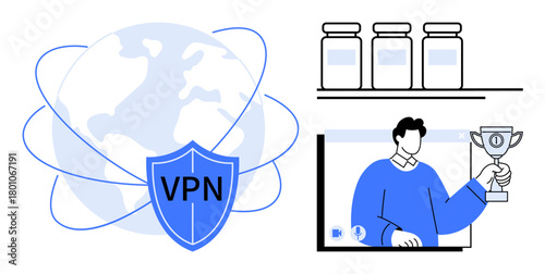 VPN shield icon over a globe representing internet security, virtual award trophy for online recognition, and medical jars symbolizing healthcare. Ideal for cybersecurity, privacy, online awards