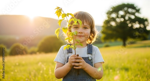 Young child holding a plant in a field during golden hour.