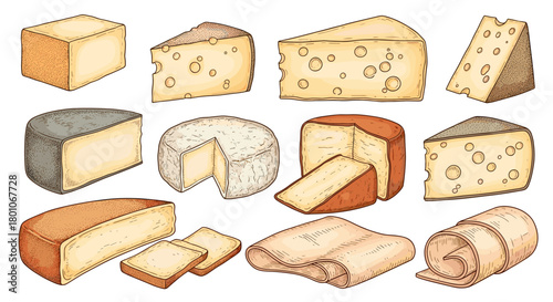 Assortment of various cheese types in detailed hand-drawn style illustrations.