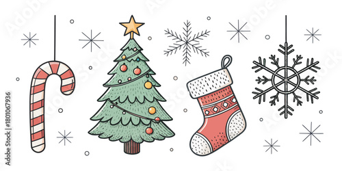 Christmas vector illustration of christmas tree with star candy cane stocking and snowflakes on a white background art