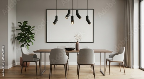 Modern minimalist dining room with contemporary pendant lighting and a large window for natural