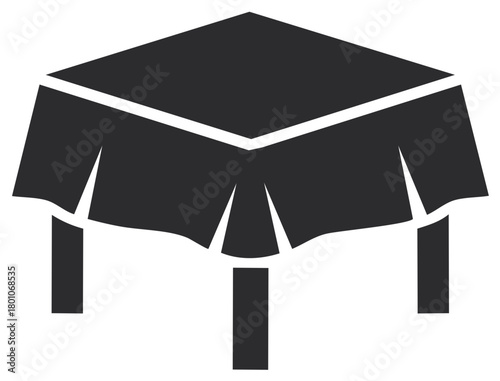 Clean modern dark grey silhouette icon of a square table with an elegant draped tablecloth for events