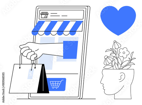 Hand holding shopping bags emerging from phone screen with storefront, heart icon, and head with blooming flowers. Ideal for e-commerce, online shopping, creativity, innovation, digital business