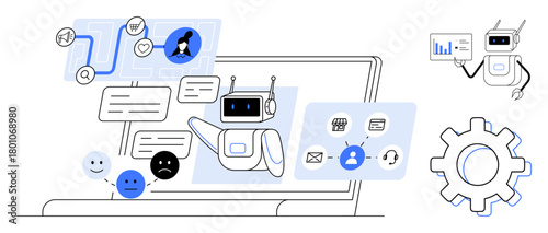 AI chatbot engaging with users via messages and tools on a laptop, presenting graphs, emotional response icons, and workflow diagrams. Ideal for automation, chatbot design, digital interaction