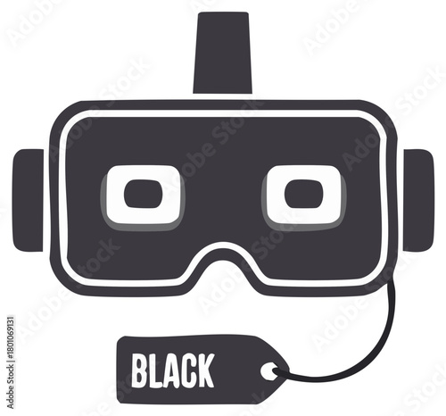 Virtual reality headset icon with black tag, electronic entertainment concept