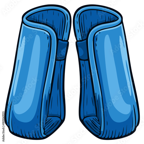 Pair of blue protective horse tendon boots, sports equipment, riding accessories, equestrian gear, in cartoon style illustration isolated.