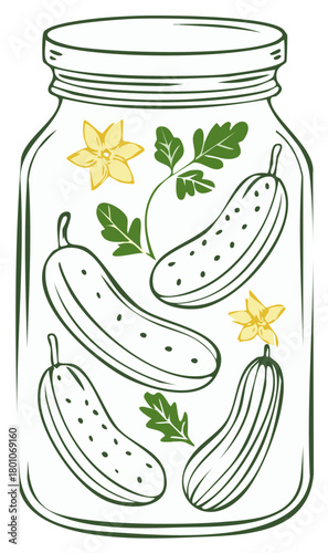 Graphic illustration of fresh cucumbers with blossoms and leaves arranged inside a glass preserving jar.