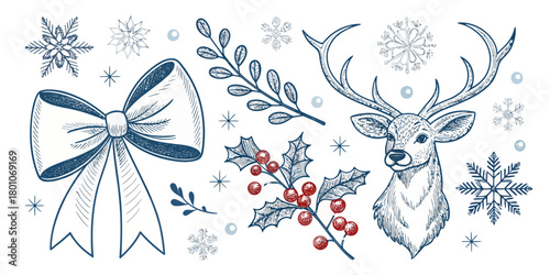 Christmas vector illustration featuring a deer head, bow, holly, branch, and snowflakes in a decorative arrangement