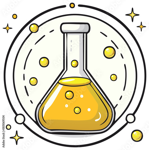 Cartoon science flask with a bubbling yellow potion or chemical liquid surrounded by stars
