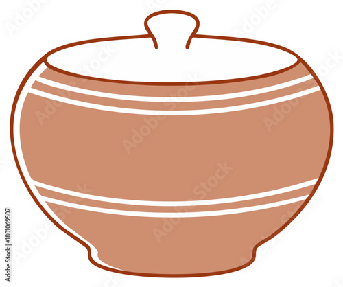 Brown Pottery Jar with Lid Isolated Art Illustration Clay Crock with White Stripe Detail for Food Storage