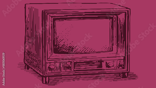 Vintage television set with screen and knobs in dark purple ink illustration on magenta background retro
