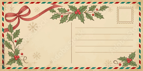 Christmas vector vintage christmas postcard with holly berries ribbon and snowflakes design illustration