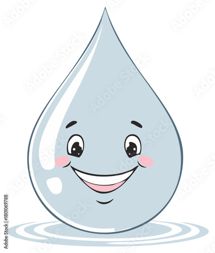 Smiling water droplet cartoon character with rosy cheeks and ripples represents clean freshness