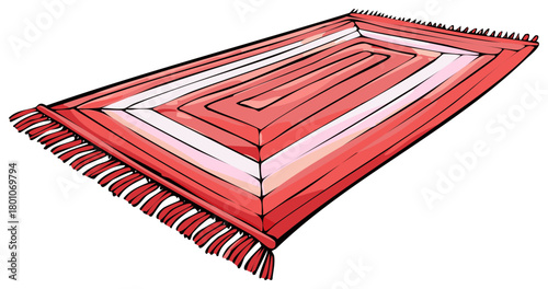 Striped red and pink mat or carpet with fringe tassels isolated vector illustration