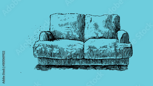 Black ink drawing of a two-seater sofa with textured cushions on a cyan background couch furniture