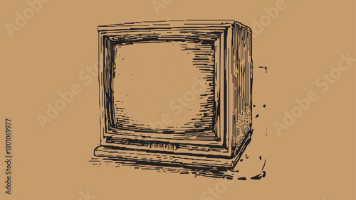 Black ink sketch of an old television set on a brown background retro vintage