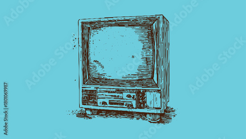 Vintage television set illustration with dial controls and screen on blue background retro