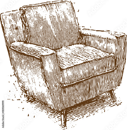 Brown ink drawing of a vintage armchair with textured upholstery and wooden legs furniture retro