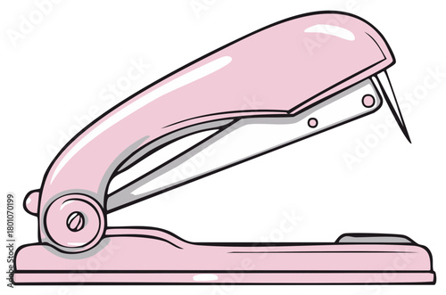 Pink stapler illustration, a useful office tool for paper documents, with a shiny finish and black outlines