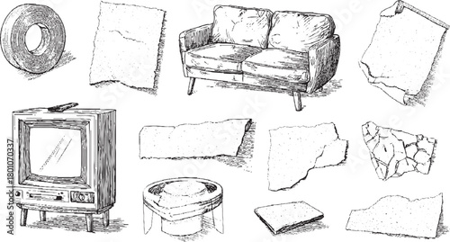 Hand drawn sketch of vintage television set sofa and torn paper scraps vector