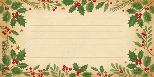 Christmas vector a christmas themed stationery with holly berries and leaves framing a lined paper background for writing
