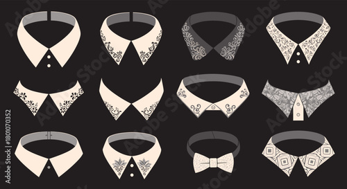 Stylish vector illustration set of various decorative and plain detachable collars for shirts and dresses, and a classic bow tie.