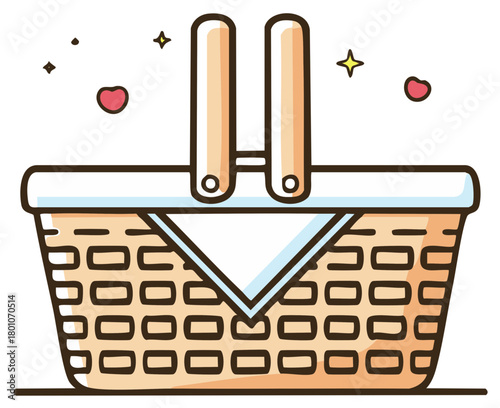 Charming woven picnic basket with a cloth inside and floating hearts and stars vector illustration