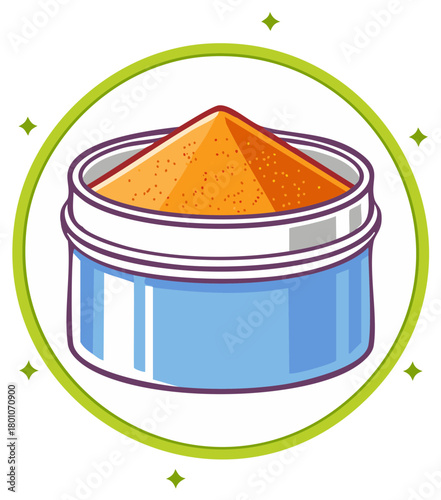 Open container filled with vibrant orange granular material with a green circular border and sparkling accents