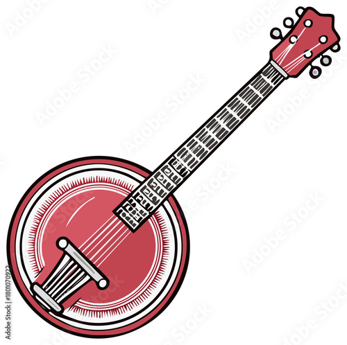 Graphic illustration of a red banjo stringed musical instrument for folk and bluegrass music