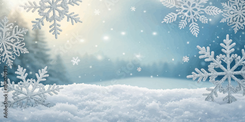 Christmas vector winter wonderland scene with snowflakes falling over snow covered ground and distant trees view