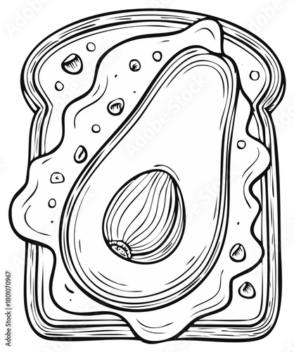 Avocado toast art illustration, simple healthy food outline for coloring pages or print designs on a neutral background.