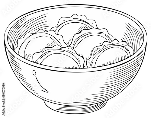 Hand drawn illustration of a bowl of traditional dumplings in a vintage engraving style