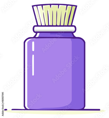 Cartoon illustration of a purple cosmetic jar with a brush applicator for powders or skincare products