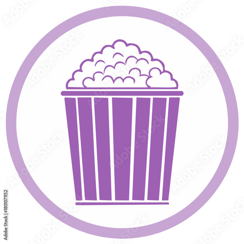 Simple flat icon of a purple striped popcorn bucket filled with fluffy popcorn