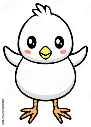 Cute baby chick with wide open wings and rosy cheeks, cartoon character illustration