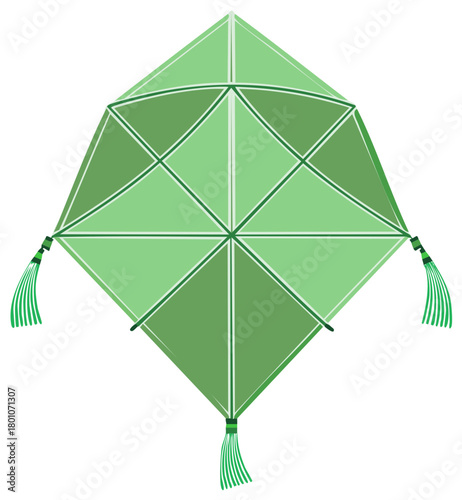 Green diamond kite with elegant tassels flying gracefully