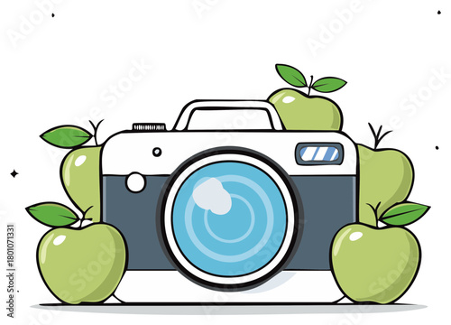 Fresh green apples surrounding a stylish digital camera vector art