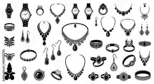 A collection of elegant black and white illustrations featuring various luxury jewelry items and watches, perfect for design projects.