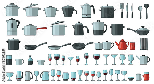 A comprehensive collection of kitchen cookware, various utensils, and an assortment of drinkware items presented in a modern flat design style.