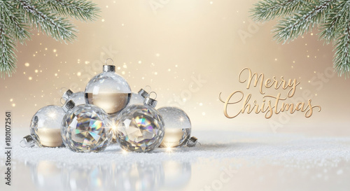 Luxurious Merry Christmas Background with Sparkling Faceted Diamond-Cut Ornaments Piled on Pristine Snow, Framed by Frosted Pine Branches and Soft Golden Bokeh for a Premium Holiday Feel