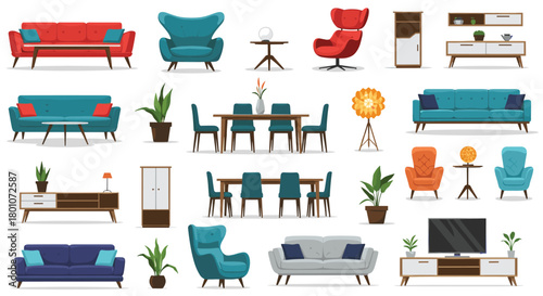 A collection of modern home furniture and decorative items, including seating, tables, and storage, presented on a white background.