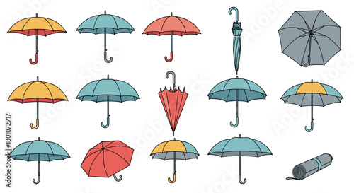 A diverse collection of umbrellas in various colors and states, including open, closed, and rolled up, depicted on a white background.