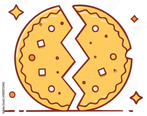 Stylized cookie broken in half, cartoon illustration of baked dessert