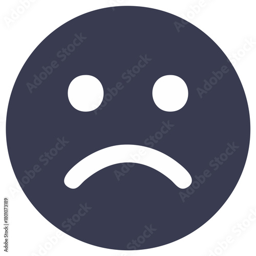 Simple dark sad face emoji symbol with white eyes and curved mouth expressing unhappiness