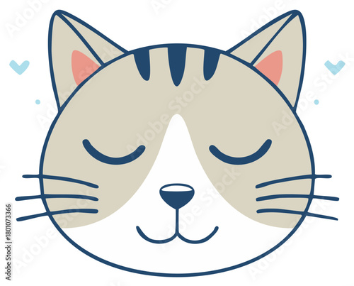 Adorable Cat Portrait with Whiskers Closed Eyes and Heart Accents Calm Feline Pet Friend Cartoon Style